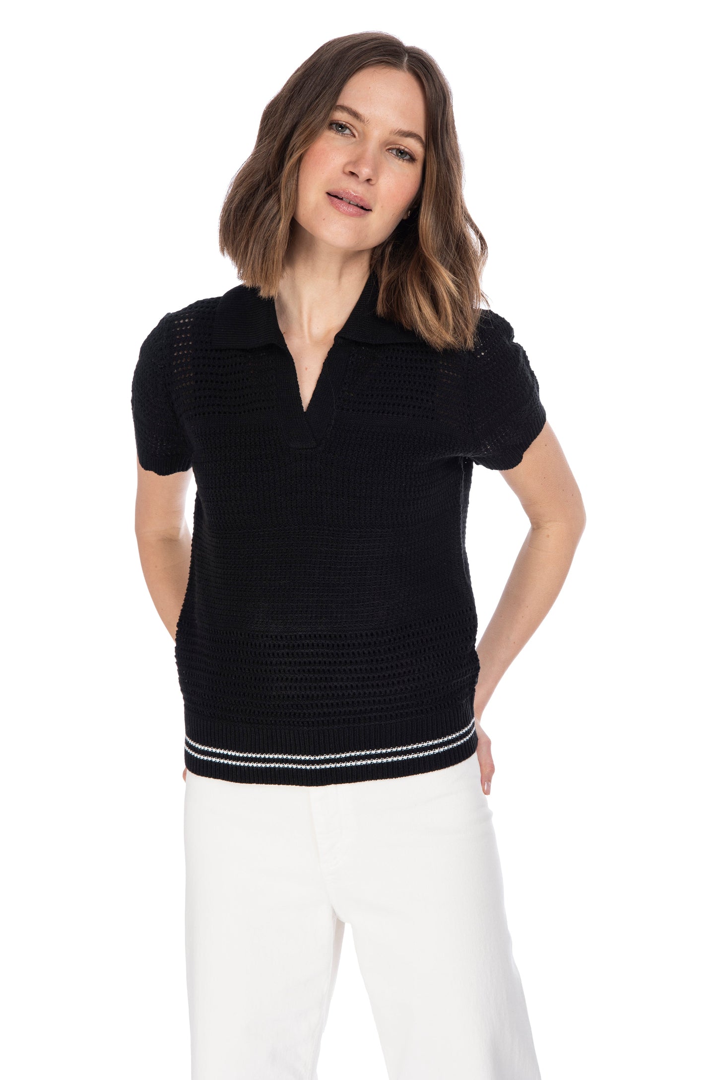 A woman posing for a picture in a short sleeve, B Collection by Bobeau POLO OPEN WEAVE SWEATER.