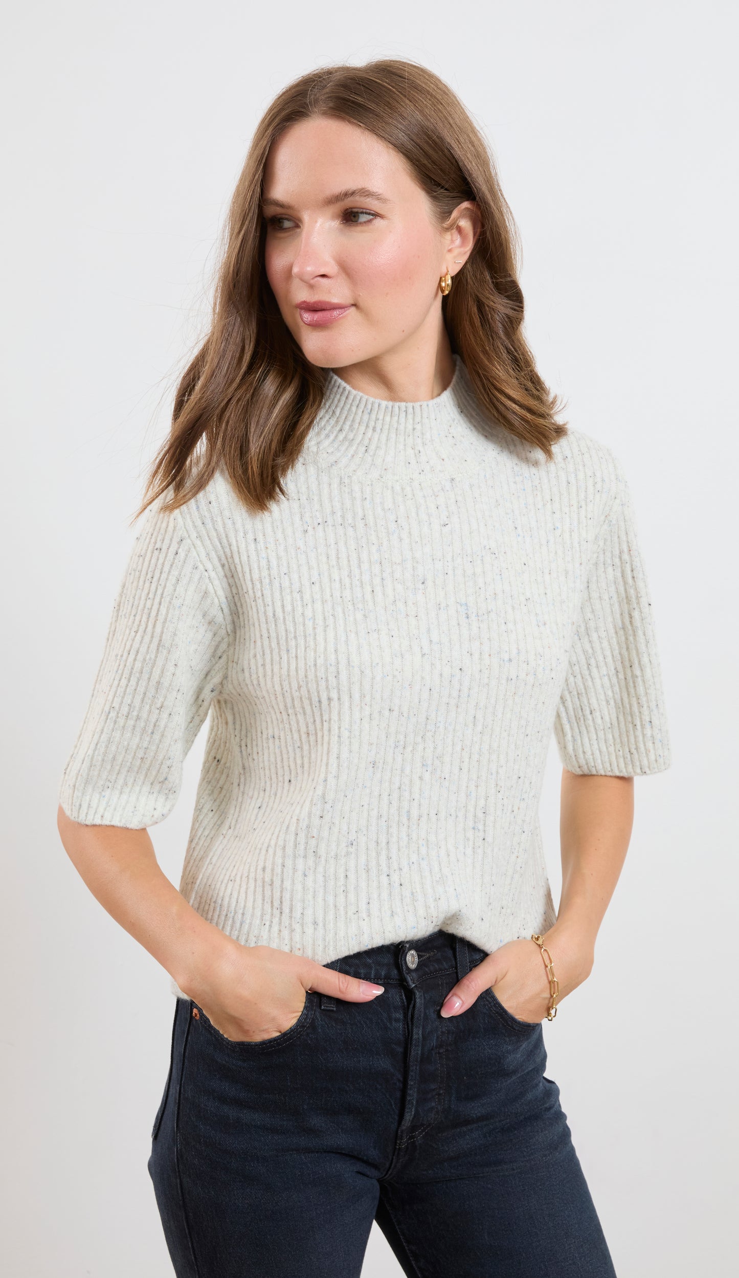 SPECKLED SHORT SLEEVE CABLE SWEATER