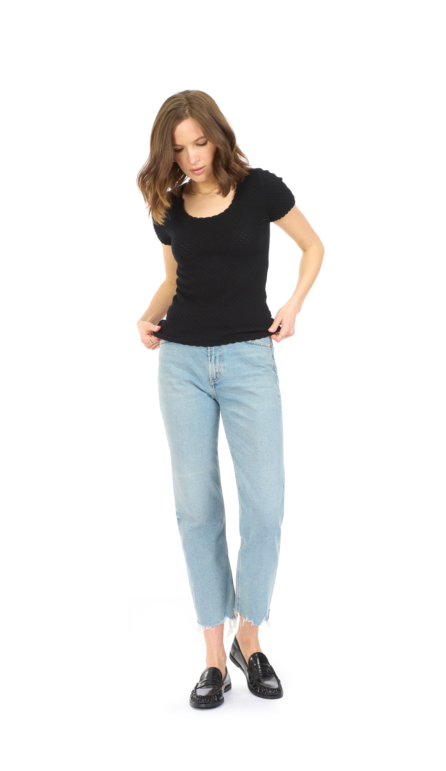 POINTELLE SCALLOP EDGE SWEATER