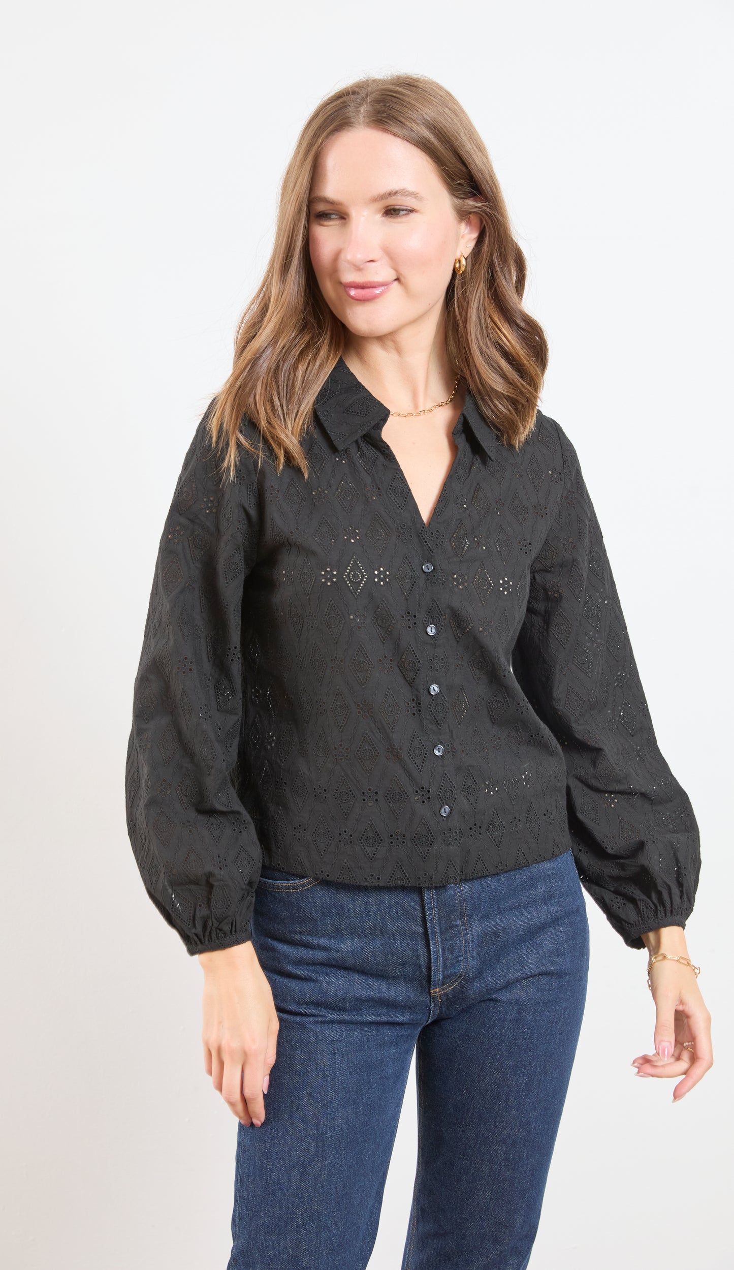 EMBROIDERED EYELET BUTTON UP TOP