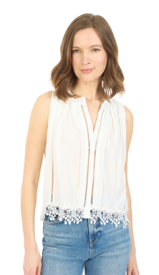 SLEEVELESS PLEATED TOP W/ LACE TRIM