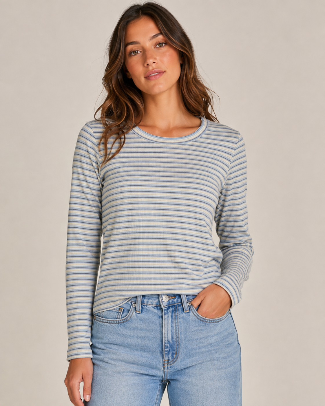 RIBBED STRIPE CREW NECK TOP