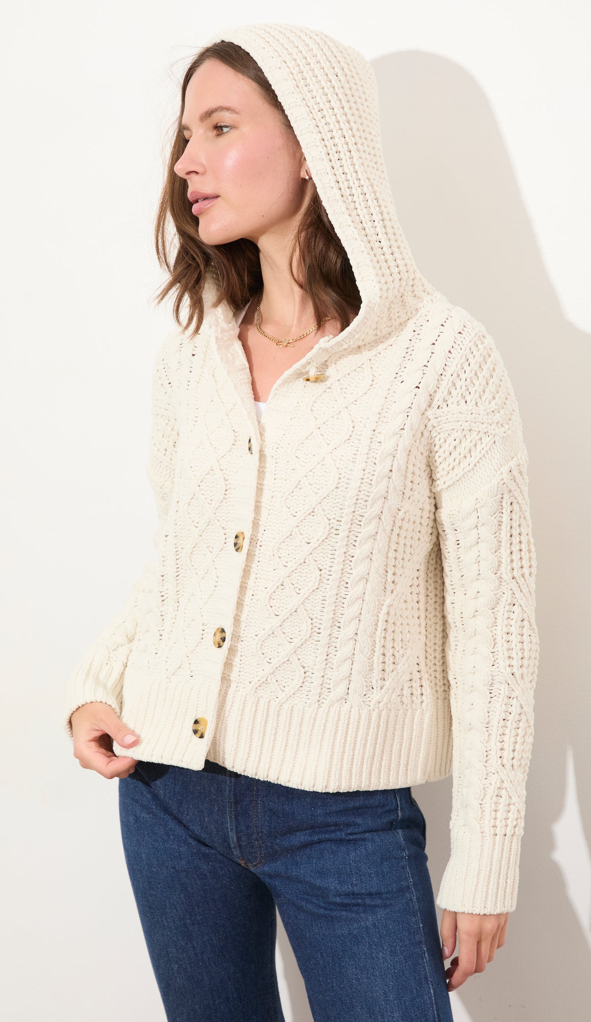 CABLE BUTTON FRONT HOODIE