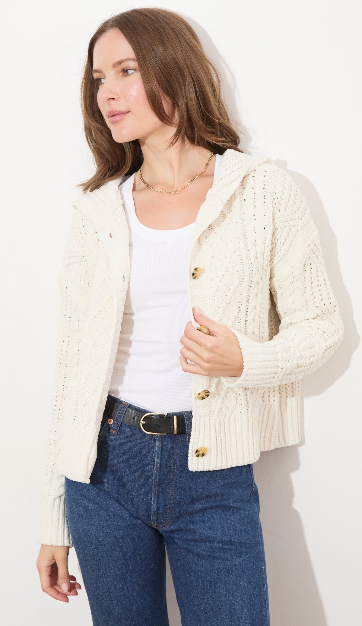 CABLE BUTTON FRONT HOODIE