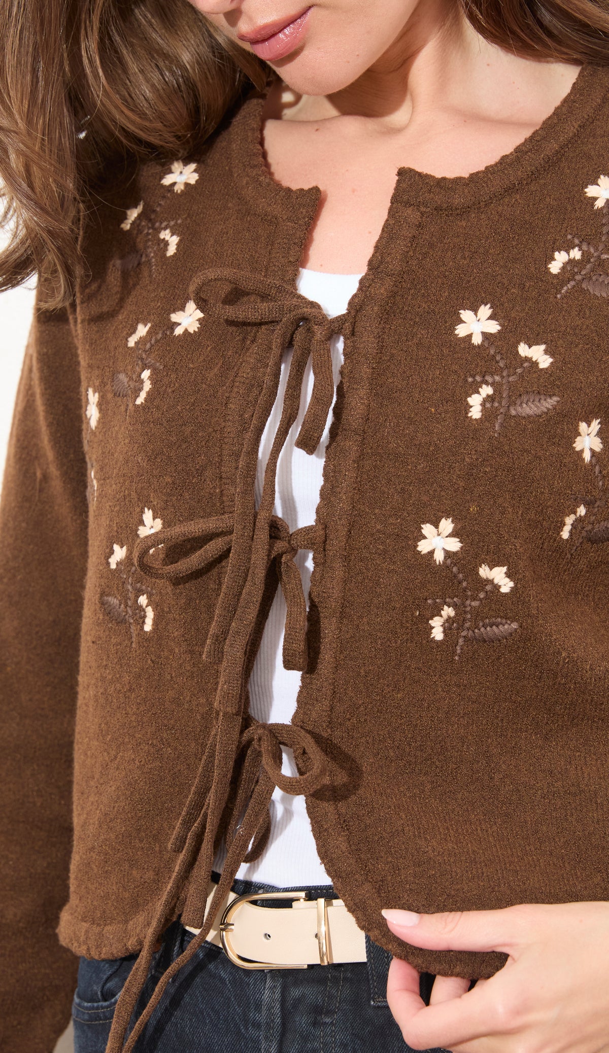 TIE FRONT EMB CARDIGAN