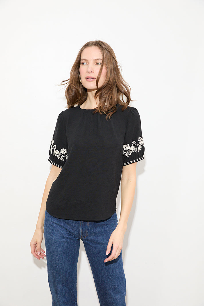 WOVEN TOP W/CORDING TRIM AT SLEEVE