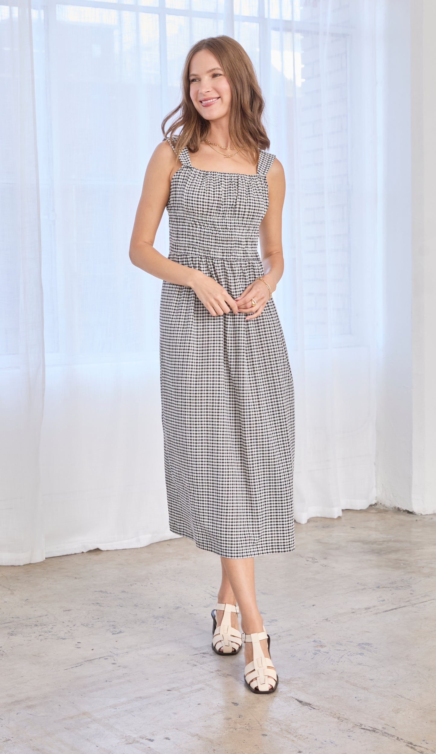 GINGHAM ELASTIC SHIRRED DRESS