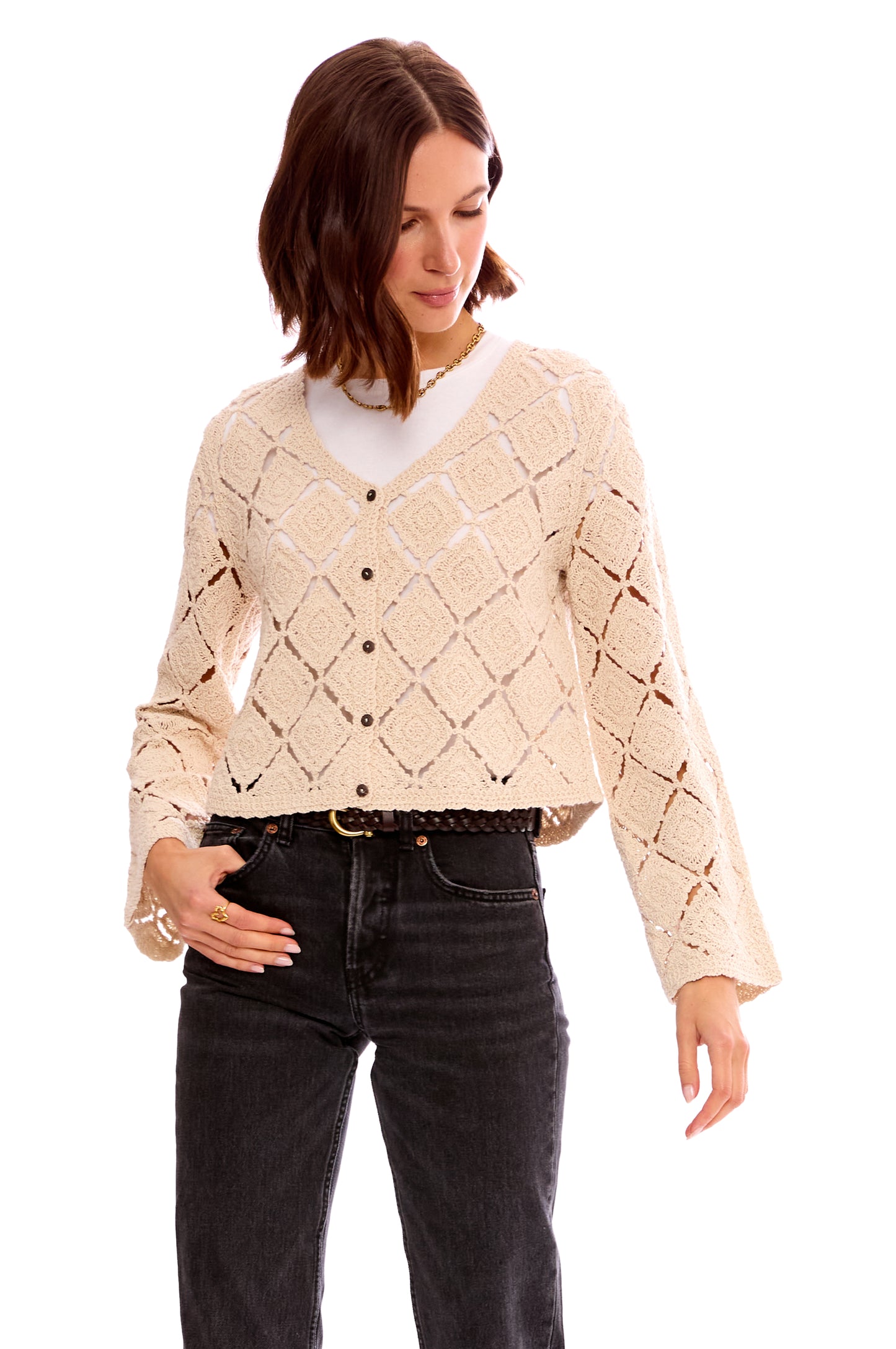 BUTTON FRONT DIAMOND CROCHET CARDIGAN