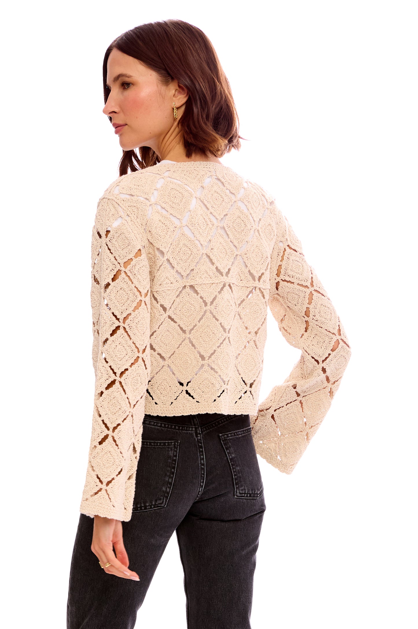 BUTTON FRONT DIAMOND CROCHET CARDIGAN