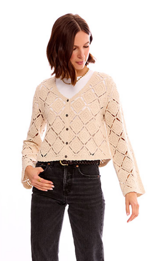 BUTTON FRONT DIAMOND CROCHET CARDIGAN