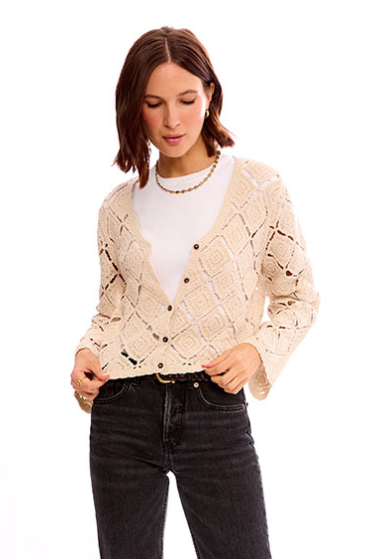 BUTTON FRONT DIAMOND CROCHET CARDIGAN