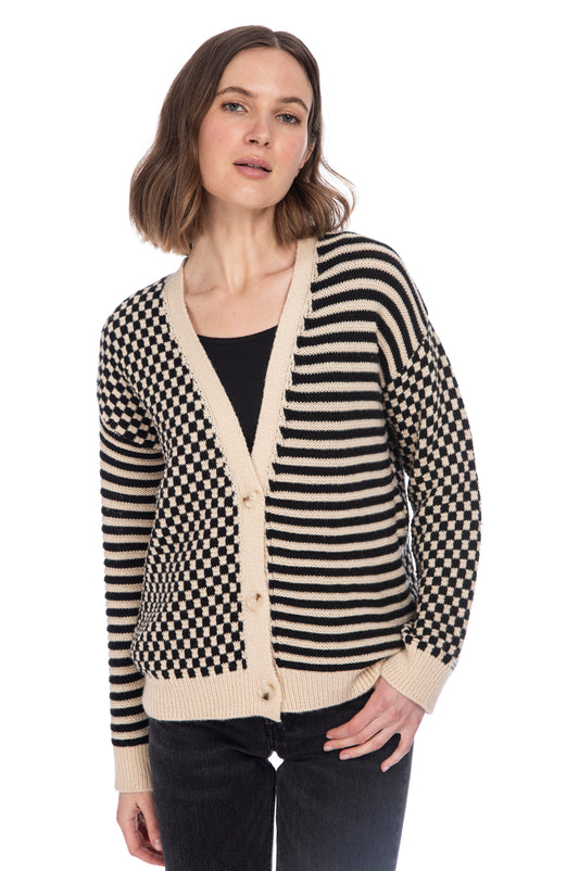 CHECKERED STRIPE BUTTON FRONT CARDI