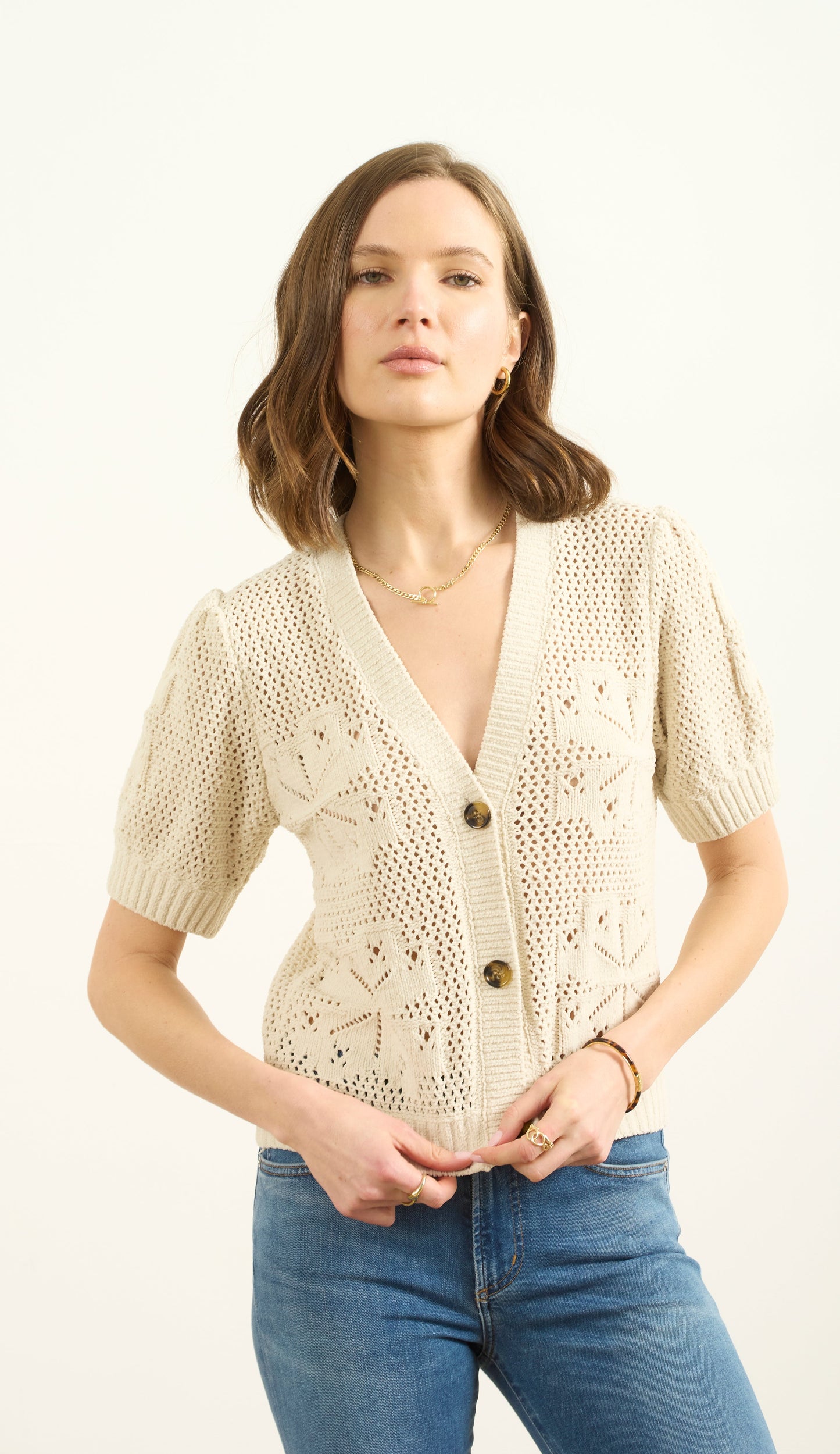 SHORT SLEEVE BUTTON FRONT SWEATER