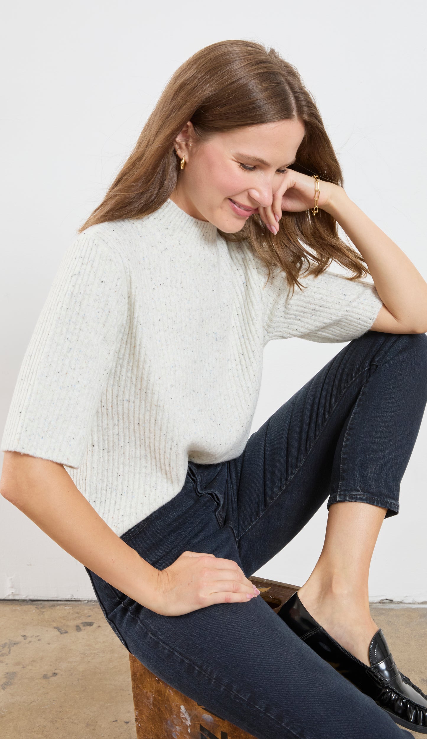 SPECKLED SHORT SLEEVE CABLE SWEATER