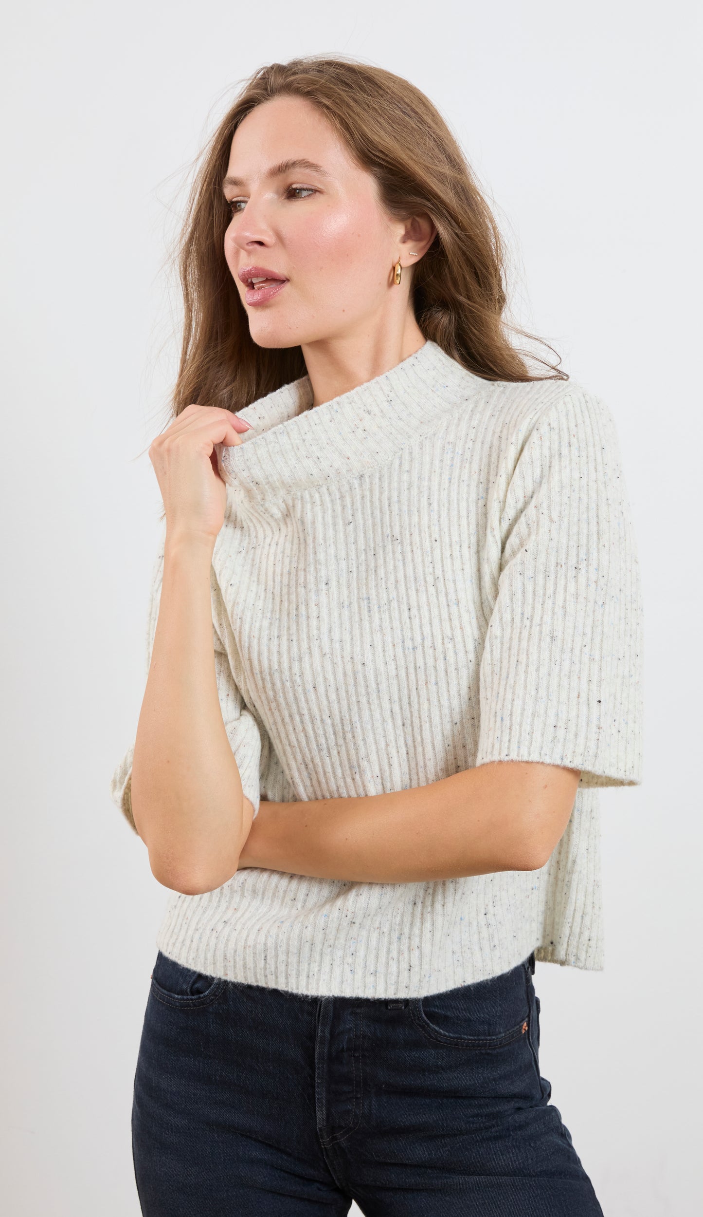 SPECKLED SHORT SLEEVE CABLE SWEATER