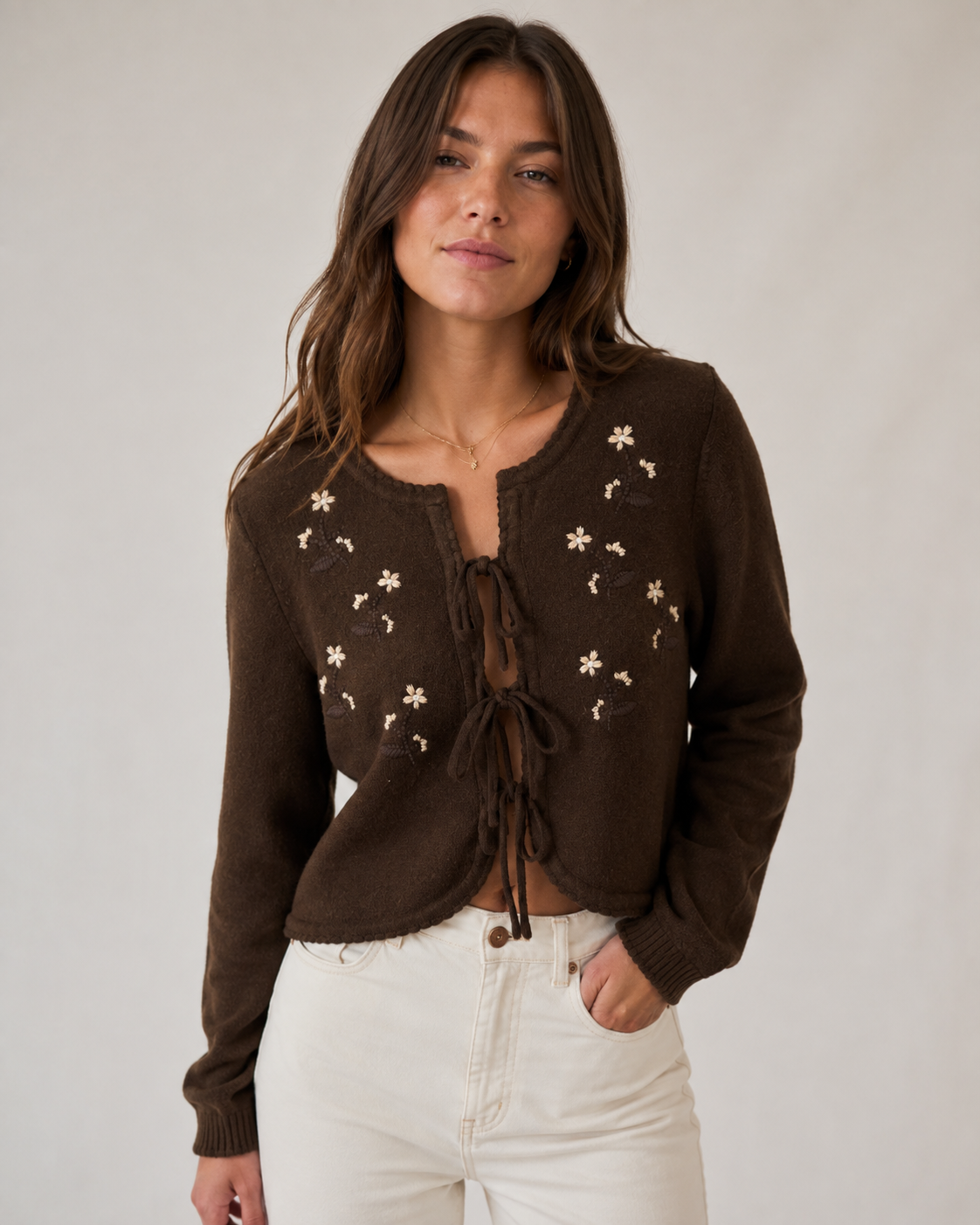 TIE FRONT EMB CARDIGAN