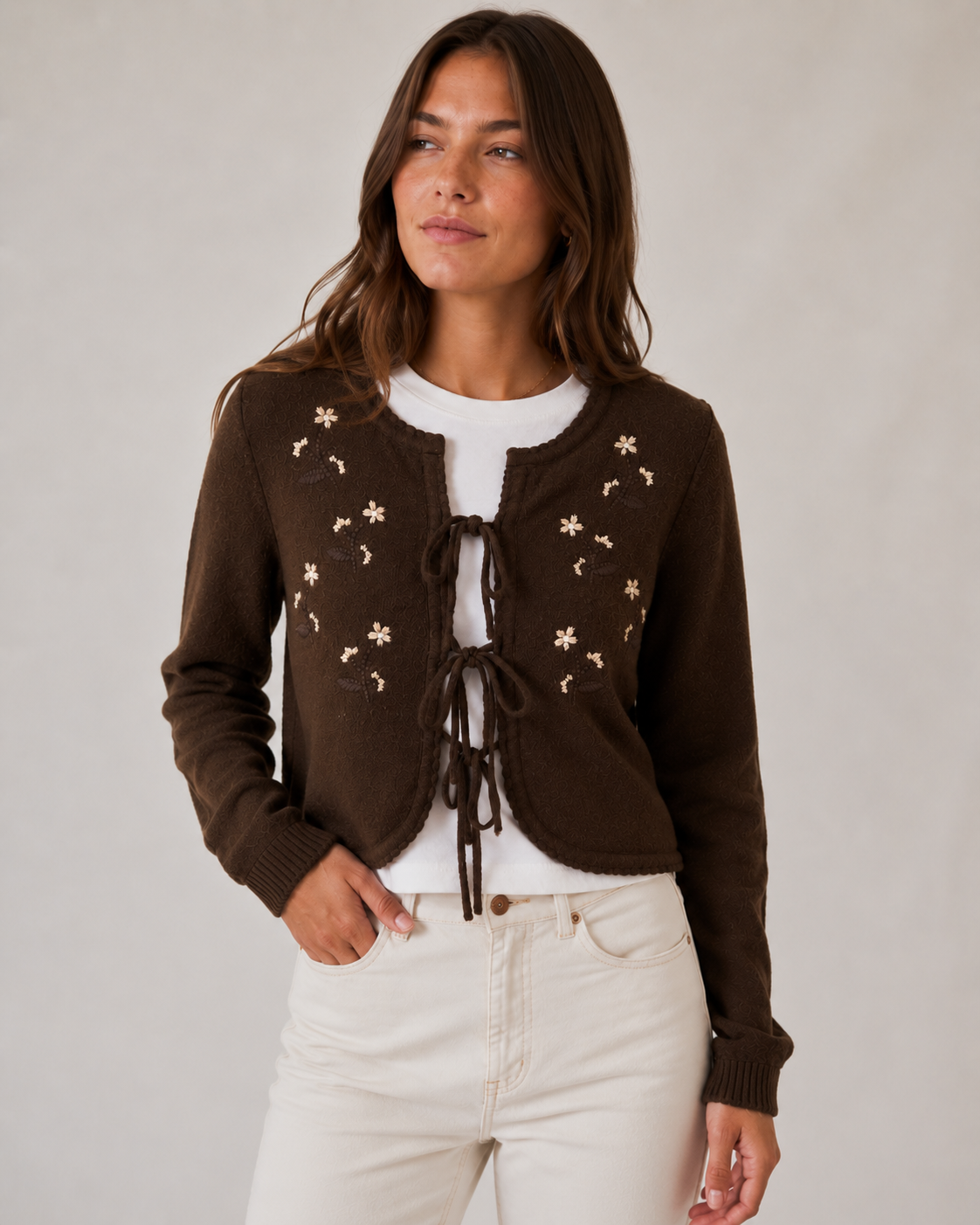 TIE FRONT EMB CARDIGAN