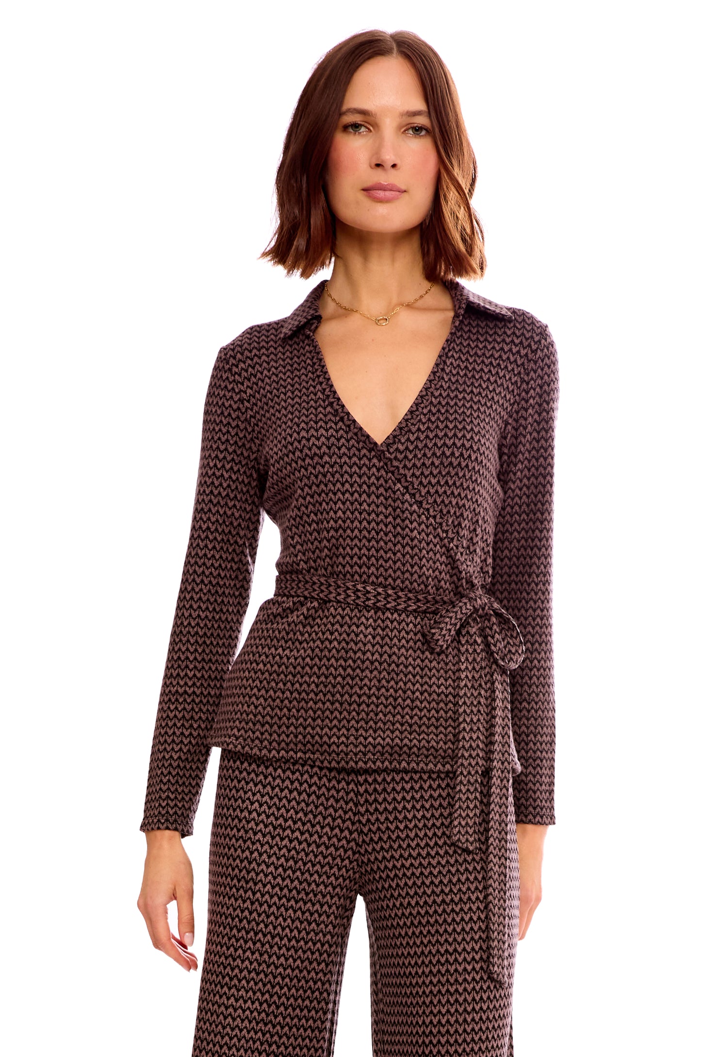 JACQUARD KNIT COLLAR WRAP TOP