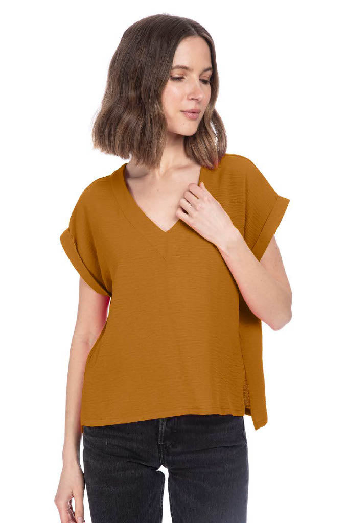 V NECK RELAXED WOVEN TEE