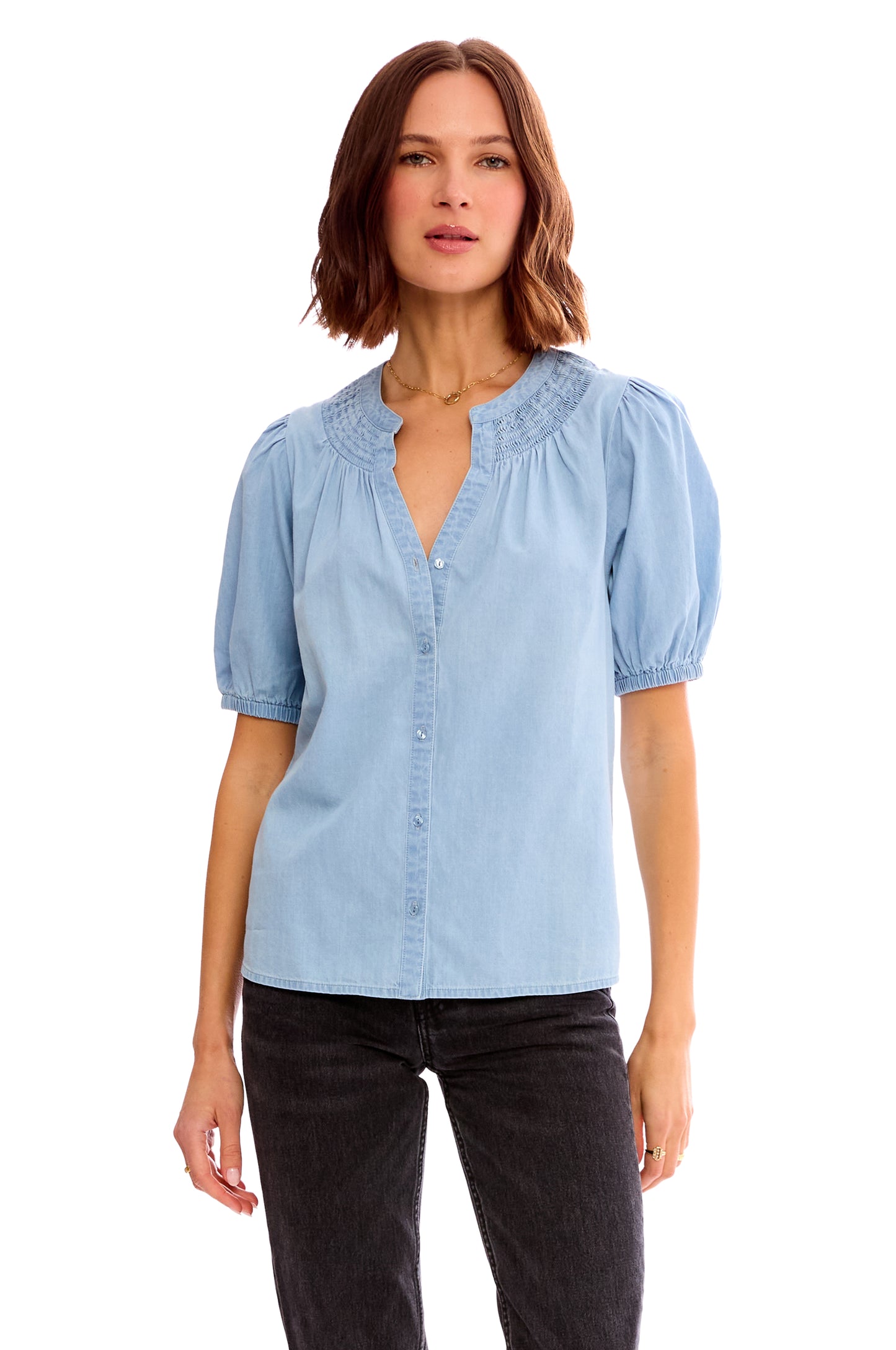 SHIRRED NECK BUTTON UP CHAMBRAY TOP