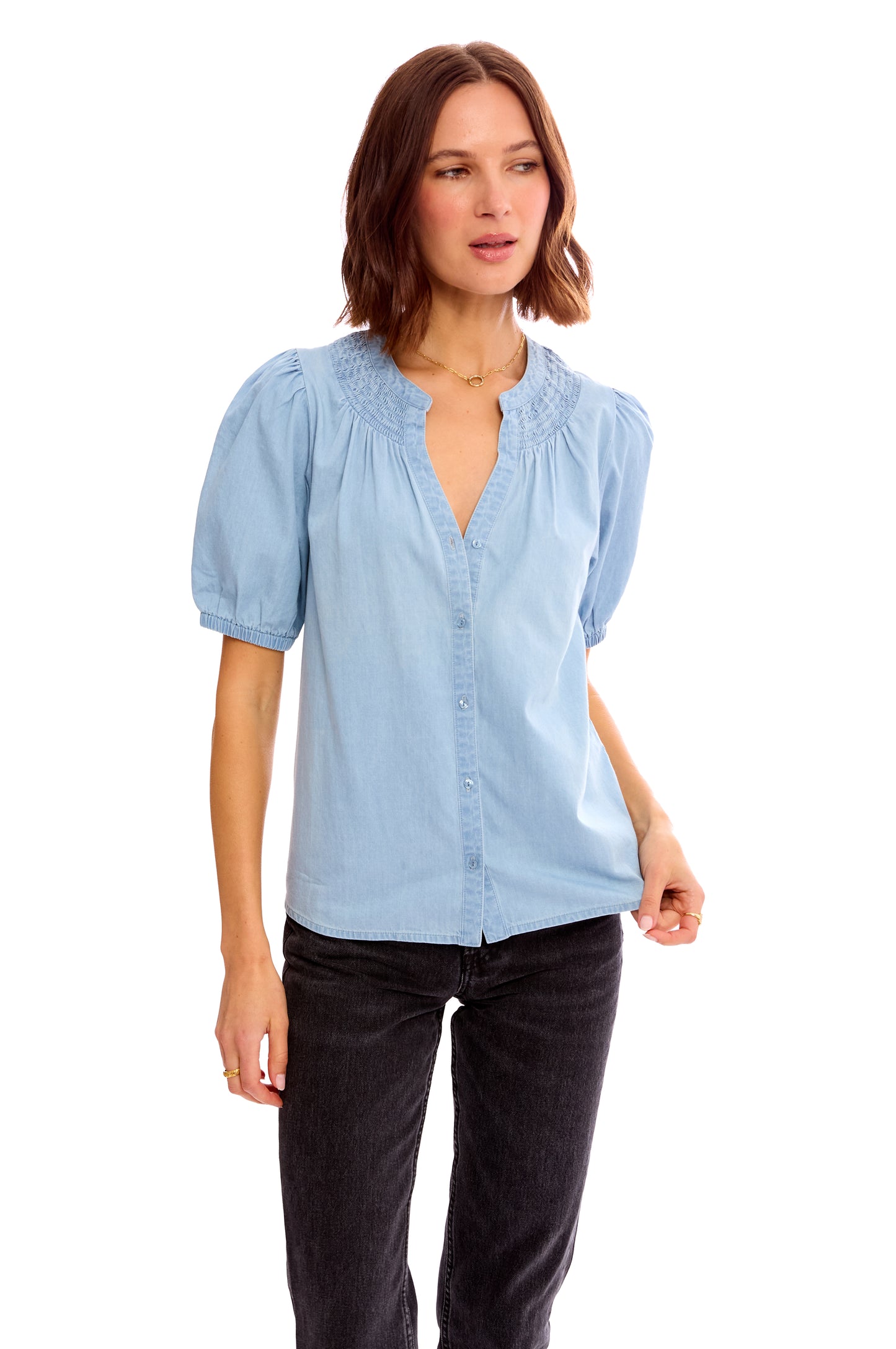 SHIRRED NECK BUTTON UP CHAMBRAY TOP