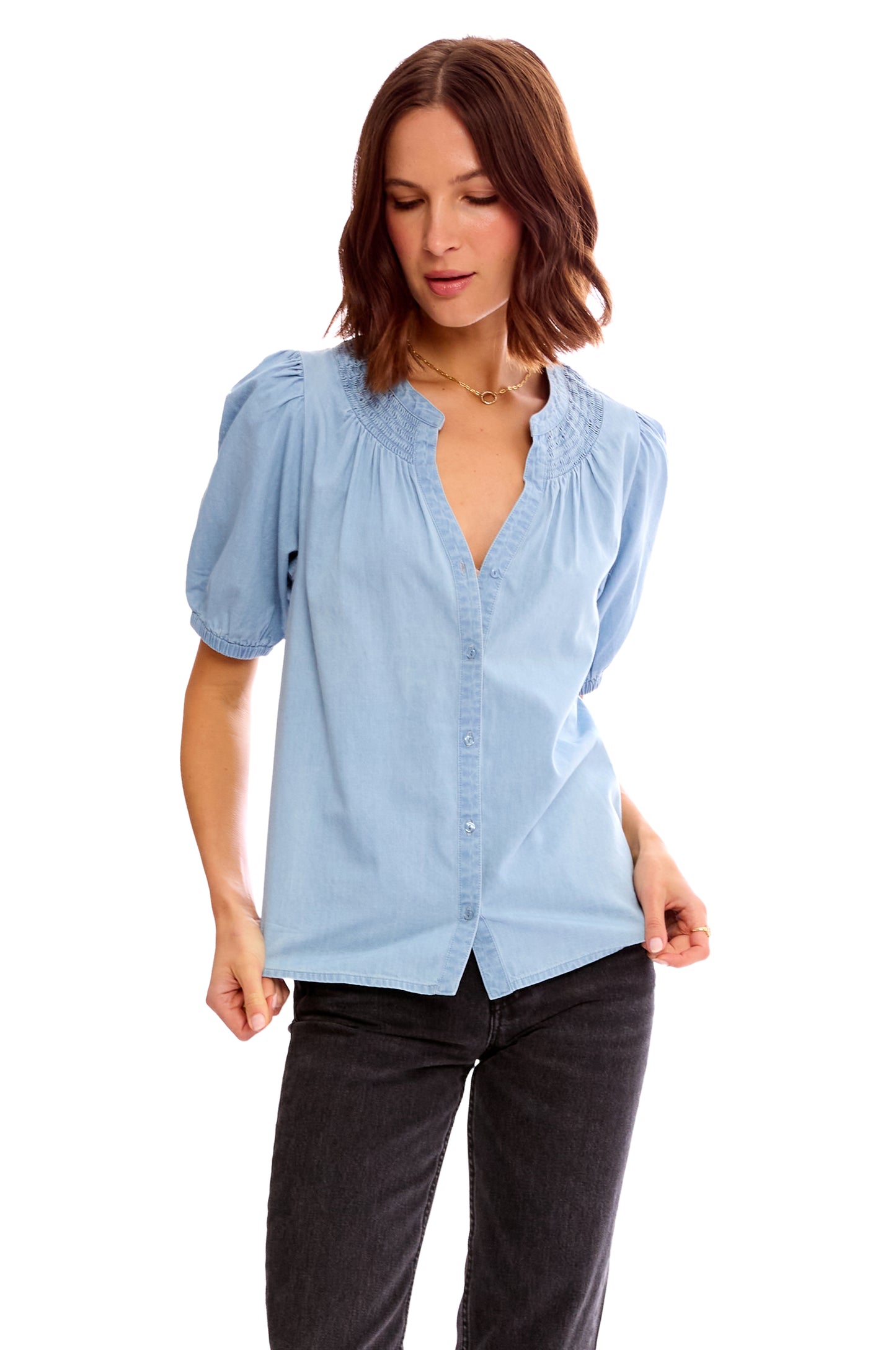 SHIRRED NECK BUTTON UP CHAMBRAY TOP