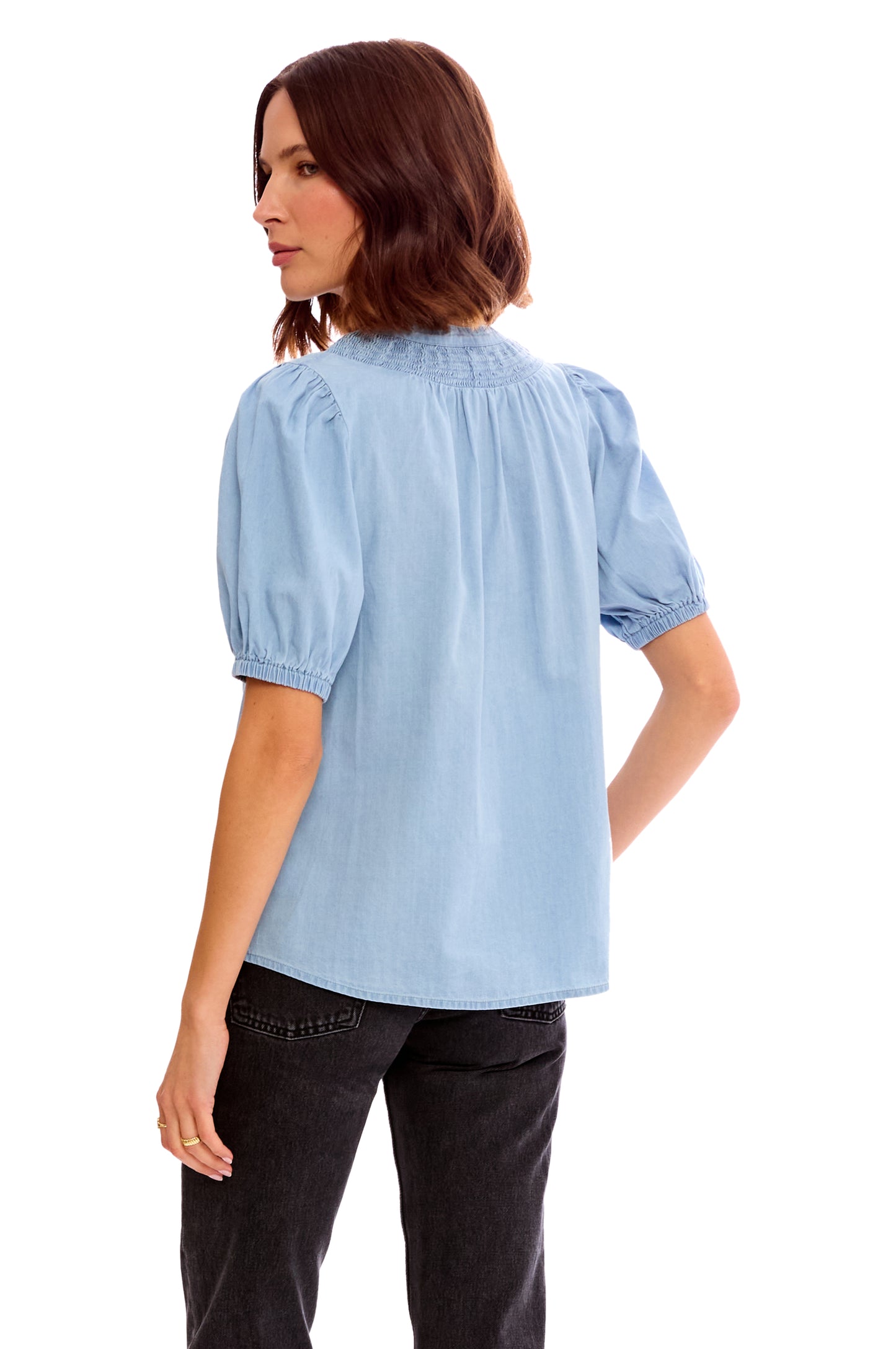 SHIRRED NECK BUTTON UP CHAMBRAY TOP