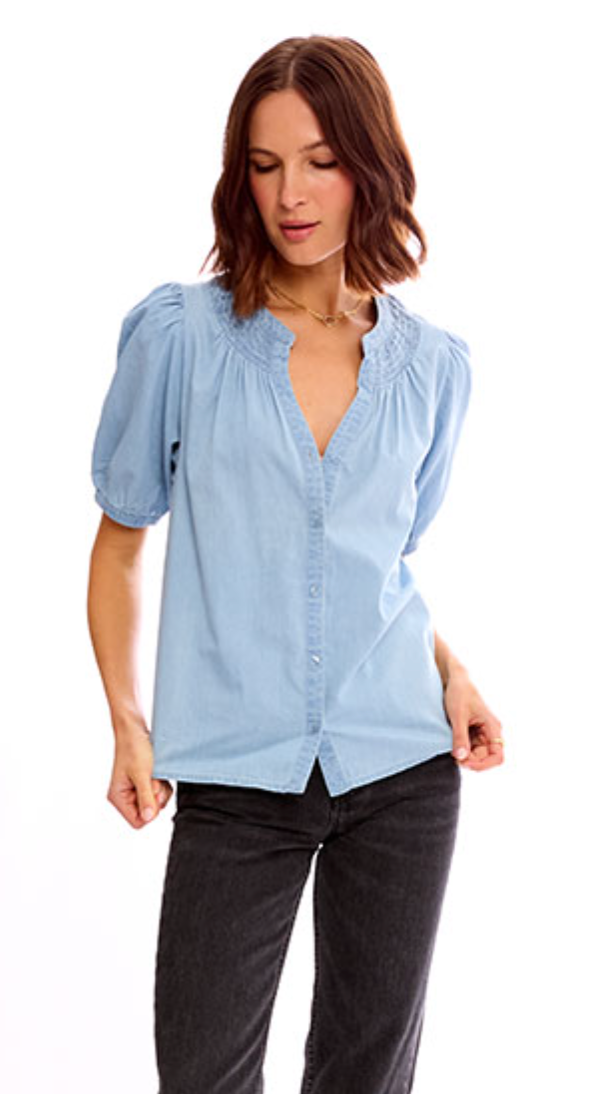 SHIRRED NECK BUTTON UP CHAMBRAY TOP