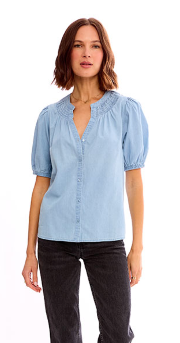 SHIRRED NECK BUTTON UP CHAMBRAY TOP