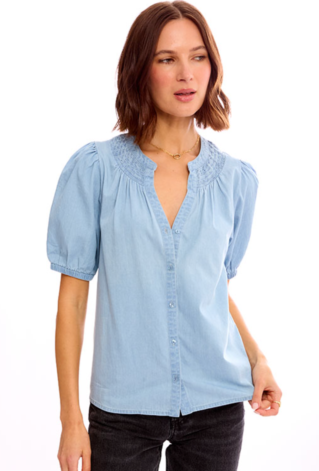 SHIRRED NECK BUTTON UP CHAMBRAY TOP