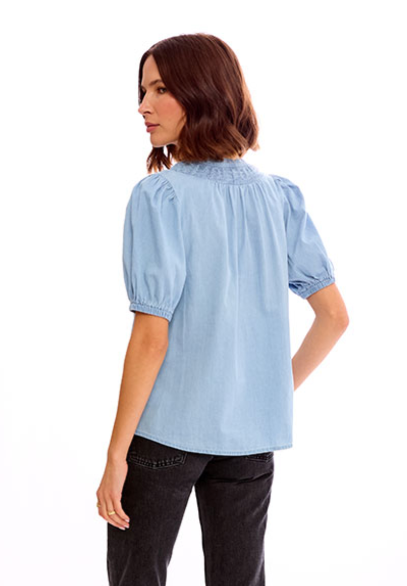 SHIRRED NECK BUTTON UP CHAMBRAY TOP