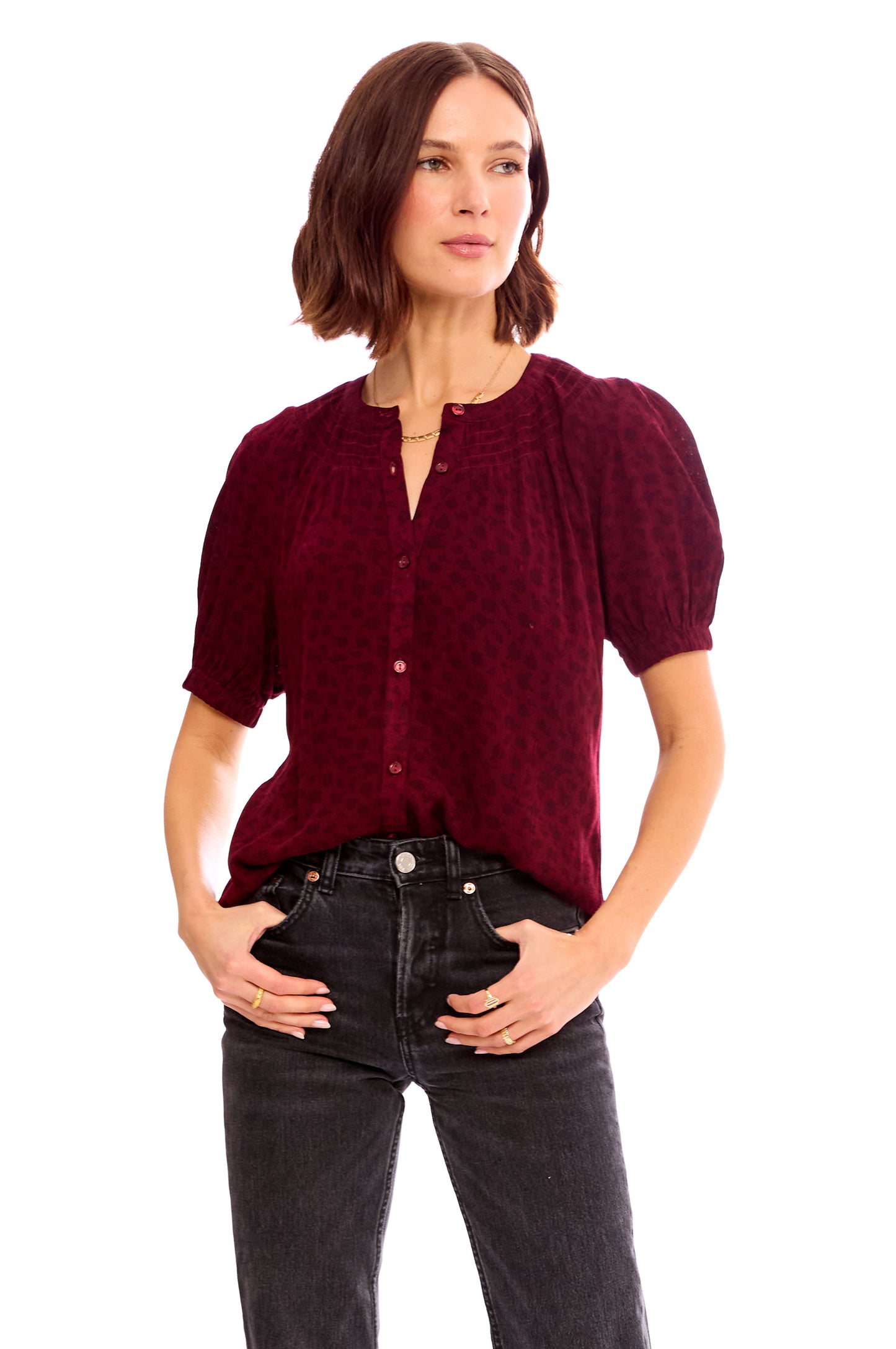 ELBOW SLEEVE SMOCKED V NECK TOP