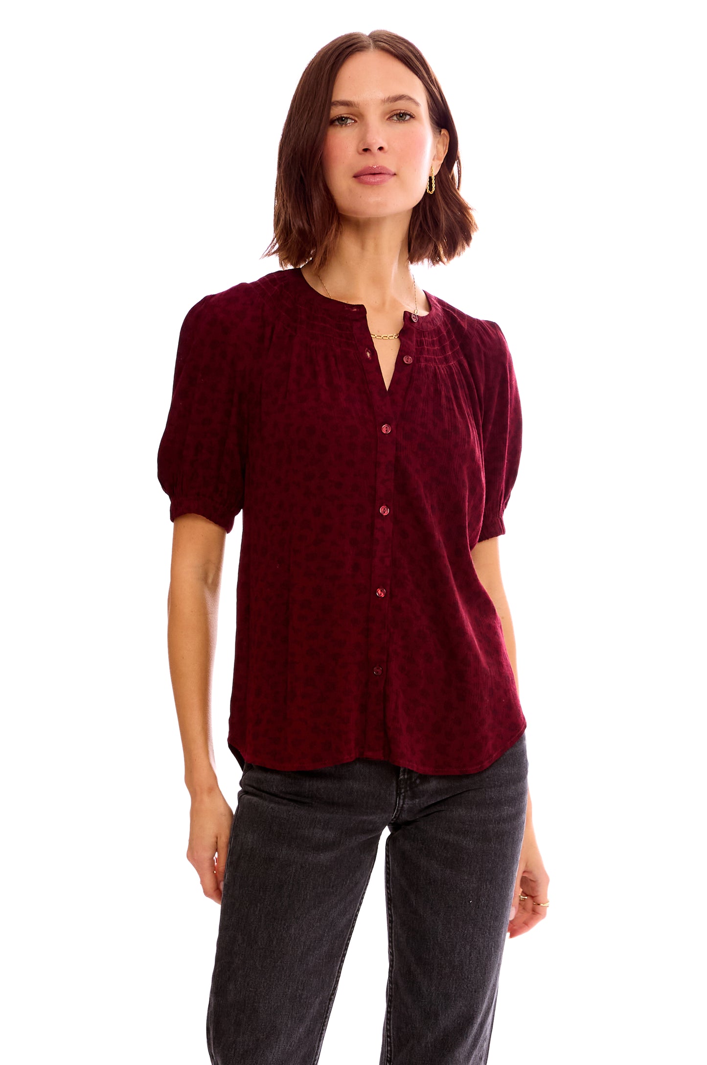 ELBOW SLEEVE SMOCKED V NECK TOP