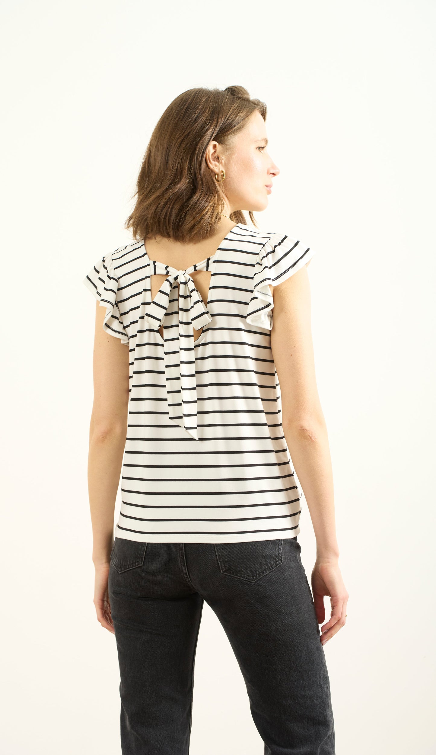 FLUTTER SLEEVE BACK TIE BUTTER KNIT TOP