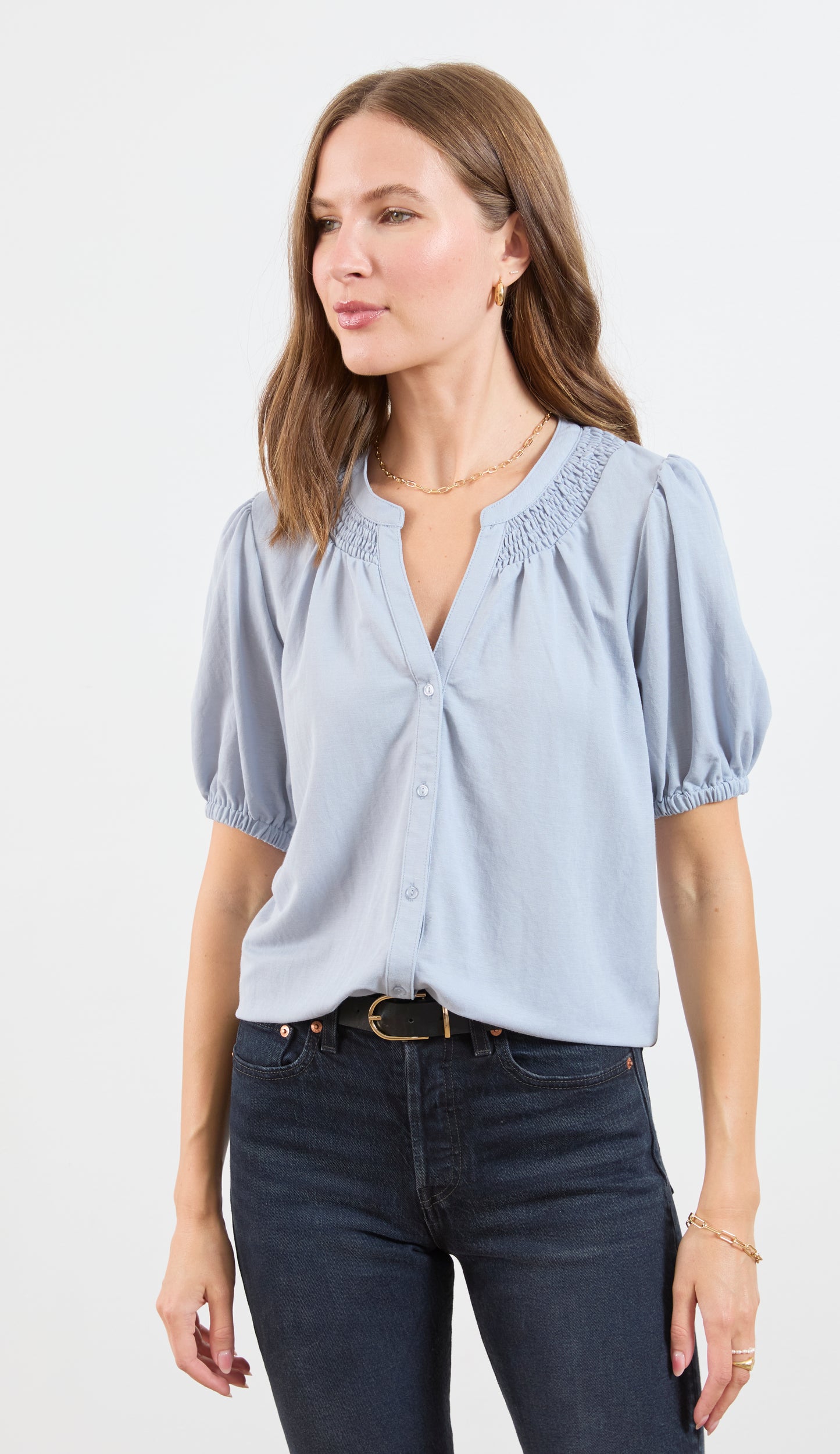 SMOCKED NECKLINE BUTTON UP TOP