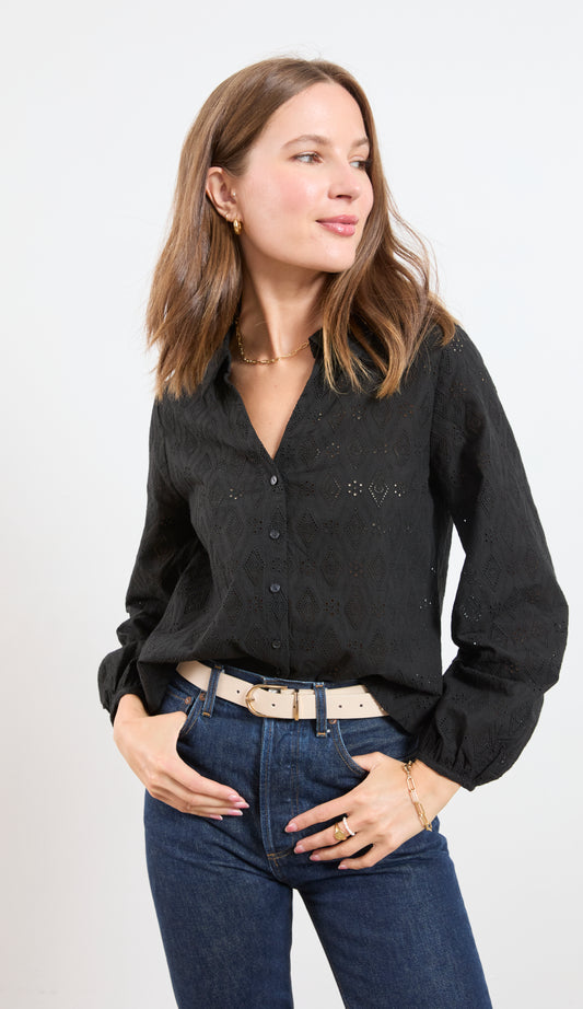 EMBROIDERED EYELET BUTTON UP TOP