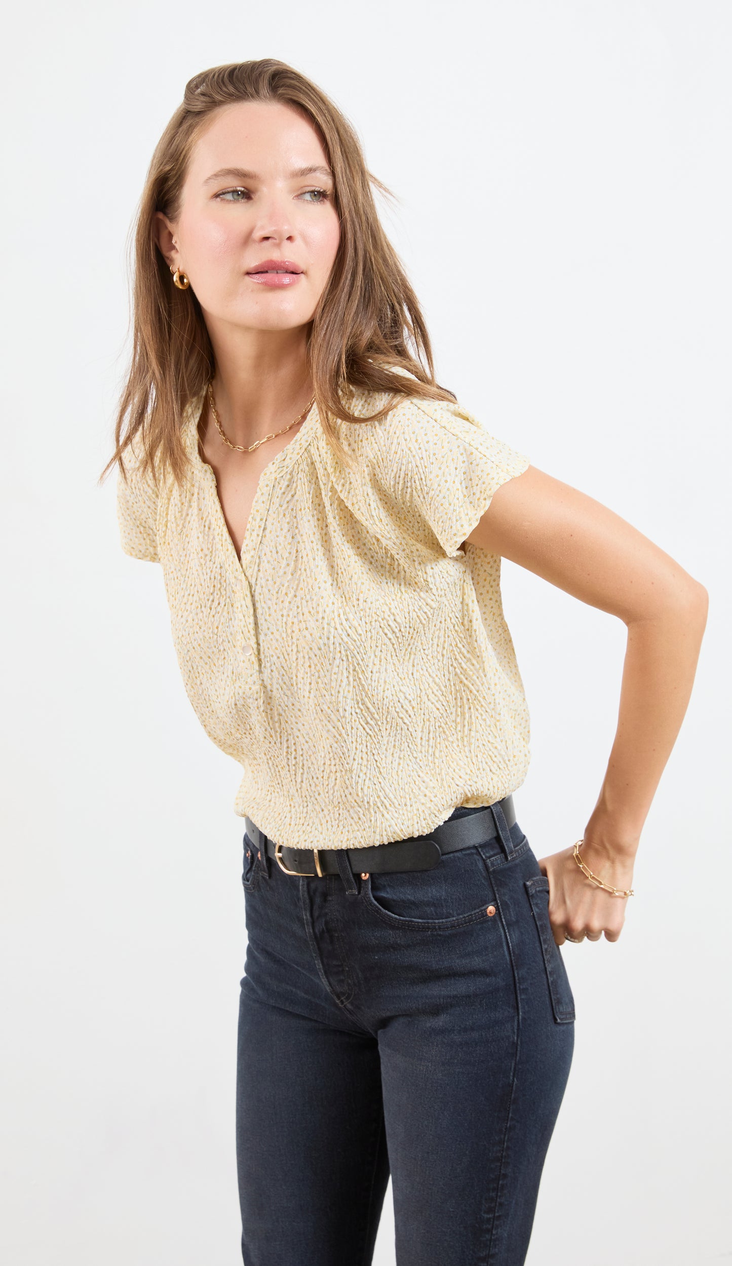 TEXTURED DOLMAN BLOUSE W/HENLEY PLACKET