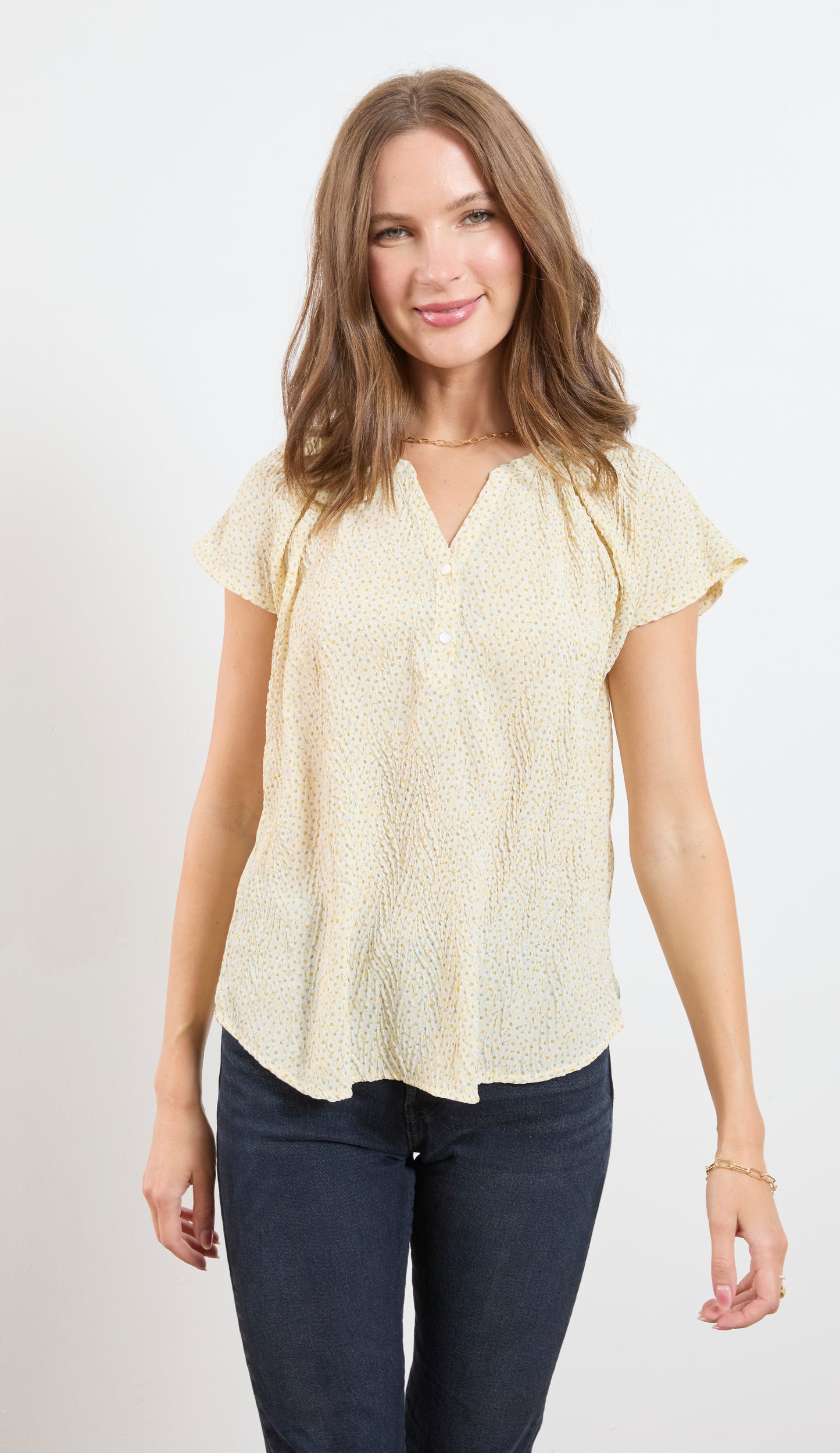 TEXTURED DOLMAN BLOUSE W/HENLEY PLACKET