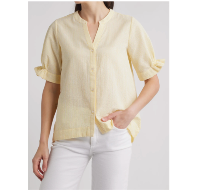 SHIRRED SLV BUTTON UP